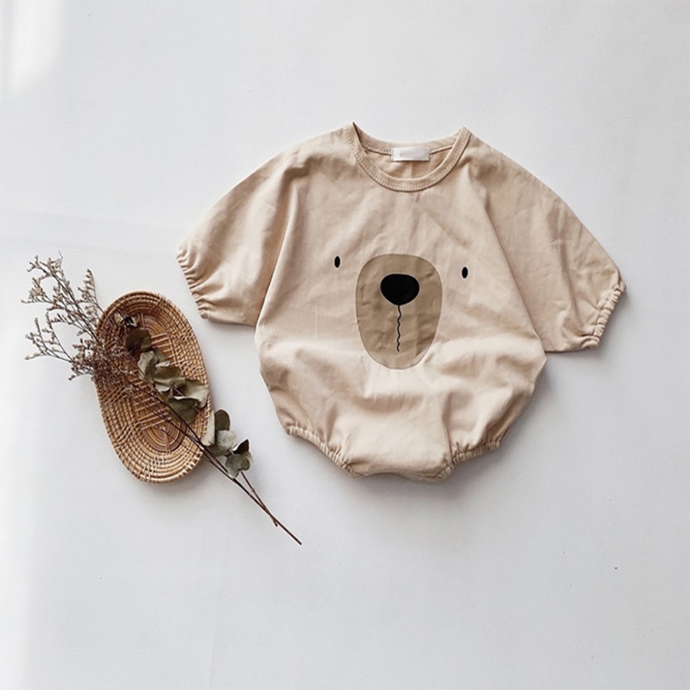 Baby Unisex Long Sleeve Bear Printed Onesie Beige